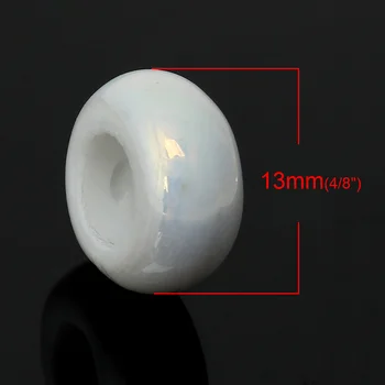 DoreenBeads Горещо предложение САМ Керамични мъниста Плоски кръгли бели на цвят AB около 13x6 мм, отвор: приблизително 6 мм (2/8 