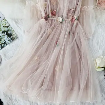 2021 пролет лято ново дамско газово пищни рокля с кръгло деколте и ръкав-фенерче, женствена рокля с цветен аппликацией, елегантни мрежести рокли принцеса