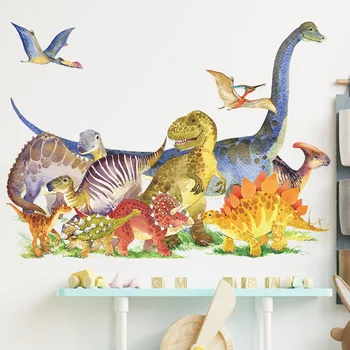 3D cartoon динозавър група, детска спалня, детска градина домашен фон на стената за декорация стикери за украса на стаята стикери за стена
