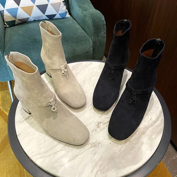 Висококачествени дамски къси ботуши LP от кожа с квадратни пръсти на дебелите обувки, есенни и зимни дамски ботуши от 2021 г.