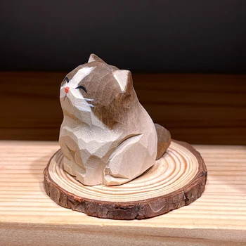 Дървена малка оранжева котка дърворезба бижута мини коте куклен котка сиви котки дървени изделия украса на работния плот
