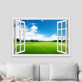 Зелено и синьо небе плаж ливади 3D изглед от прозореца плакат на стенно изкуство за хола стикер на стената плакат и принт хол