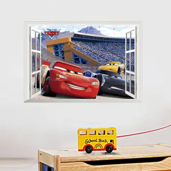 Карикатура Маккуин Автомобили 3D Стикери за Стена за Детска Стая за Момчета Фалшиви Прозорци PVC Тапети на Стенописите Етикети Стикери за Декорация на Детска Стая