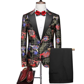 Класическа черна мъжка Бизнес Сватбен Банкетна костюм от 2 теми, Модерен Елегантен Мъжки рокля с цветен модел, сако и обикновен панталон