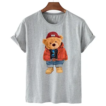 Тениска с мечка, Памучен Дамски Риза в стил харадзюку с Хубав Принтом, camisetas de mujer, Сиви Летни Блузи, Ежедневни Дамски Дрехи Големи Размери с Къс Ръкав