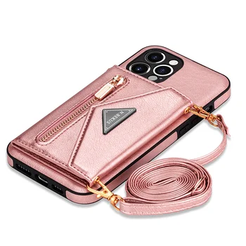 Чанта за носене през Рамо за iPhone 14 13 Pro Max Mini 12 11 Чанта-портфейл с Цип с Държач за Карти, Каишка от съвсем малък, Кожен Калъф Funda за Жени и Момичета